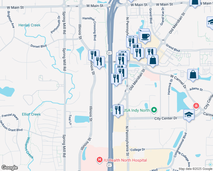 map of restaurants, bars, coffee shops, grocery stores, and more near 12955 North Meridian Street in Carmel