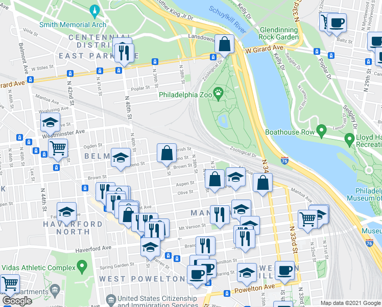 map of restaurants, bars, coffee shops, grocery stores, and more near 822 North 38th Street in Philadelphia
