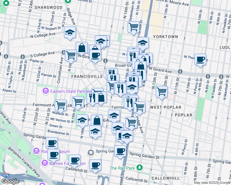 map of restaurants, bars, coffee shops, grocery stores, and more near 1526 Ridge Avenue in Philadelphia