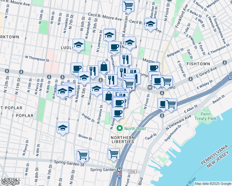 map of restaurants, bars, coffee shops, grocery stores, and more near 1136 North American Street in Philadelphia