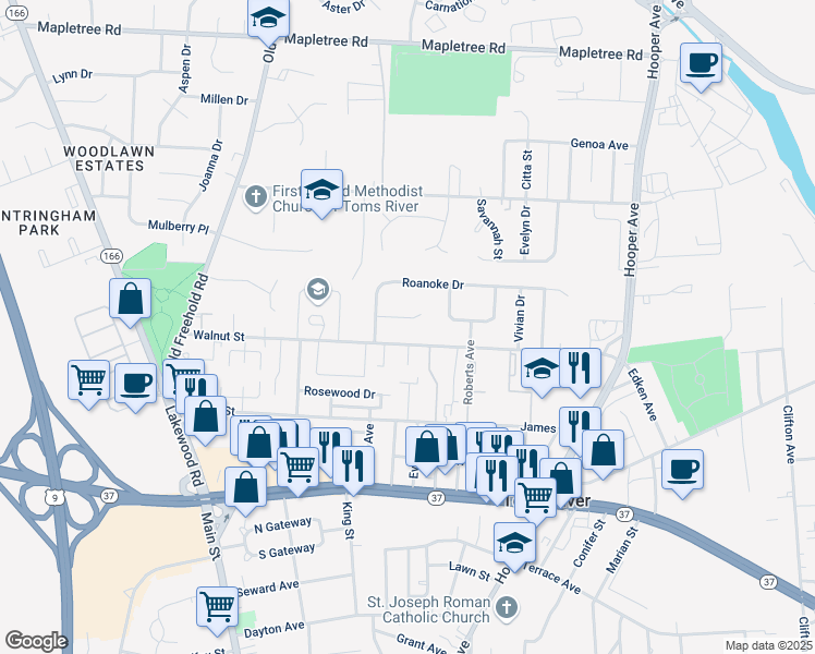 map of restaurants, bars, coffee shops, grocery stores, and more near 91 Eric Court in Toms River