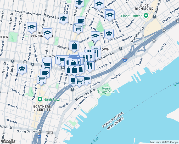 map of restaurants, bars, coffee shops, grocery stores, and more near 1104 Marlborough Street in Philadelphia