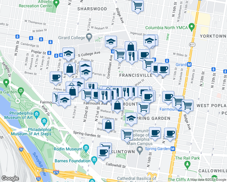 map of restaurants, bars, coffee shops, grocery stores, and more near 742 North 20th Street in Philadelphia