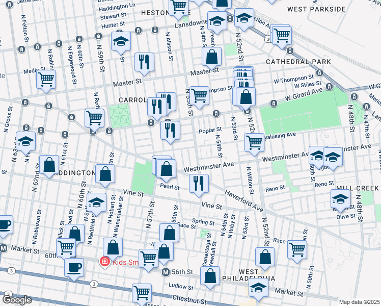 map of restaurants, bars, coffee shops, grocery stores, and more near 547 North Vogdes Street in Philadelphia