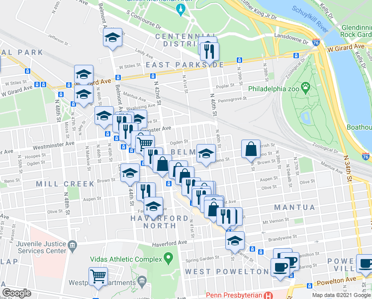 map of restaurants, bars, coffee shops, grocery stores, and more near 845 North Palm Street in Philadelphia