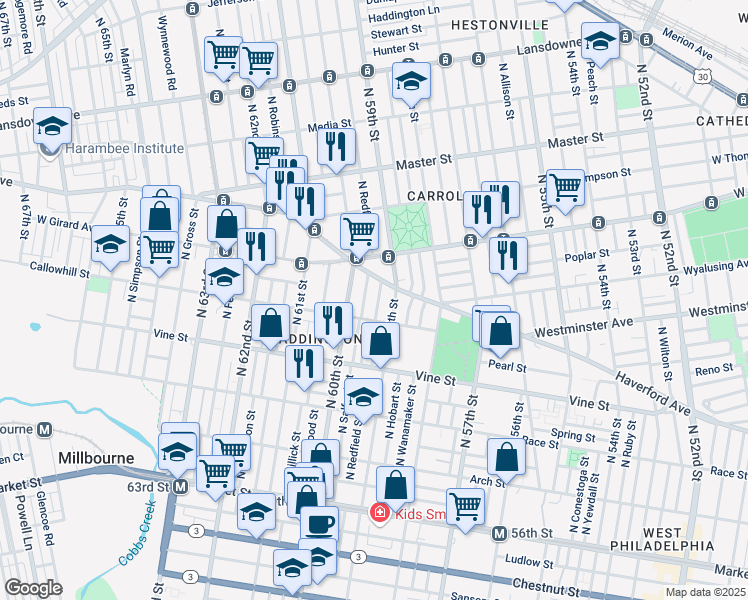 map of restaurants, bars, coffee shops, grocery stores, and more near 437 North Salford Street in Philadelphia