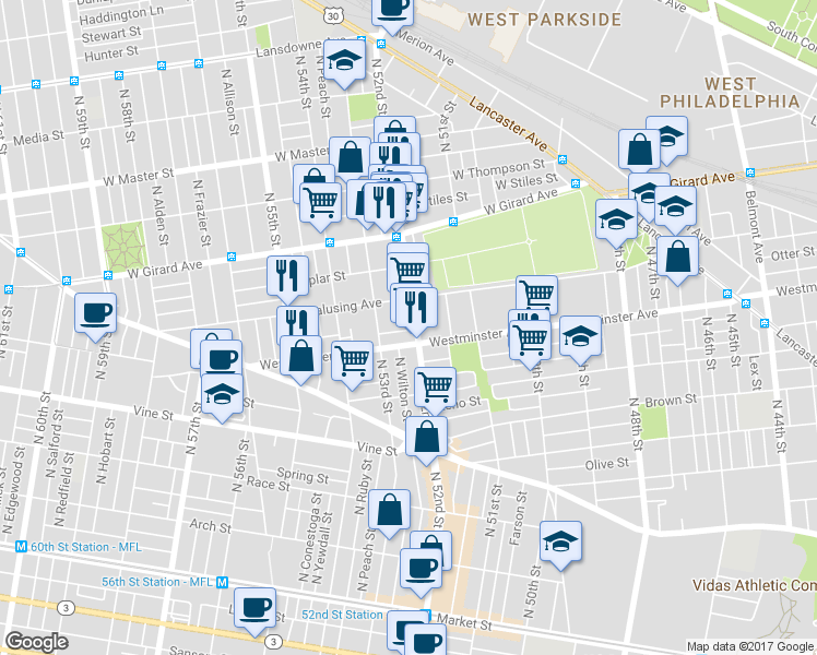 map of restaurants, bars, coffee shops, grocery stores, and more near 516 North 52nd Street in Philadelphia