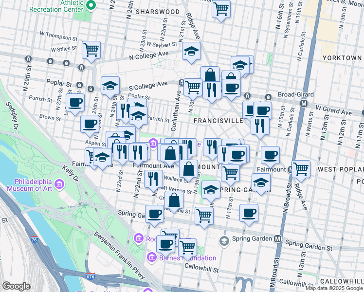 map of restaurants, bars, coffee shops, grocery stores, and more near 742 North 20th Street in Philadelphia