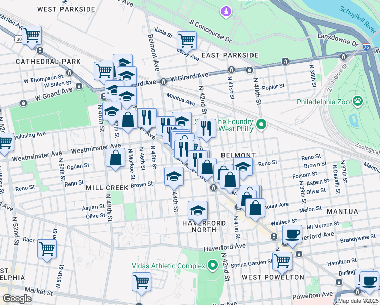map of restaurants, bars, coffee shops, grocery stores, and more near 4246 Ogden Street in Philadelphia