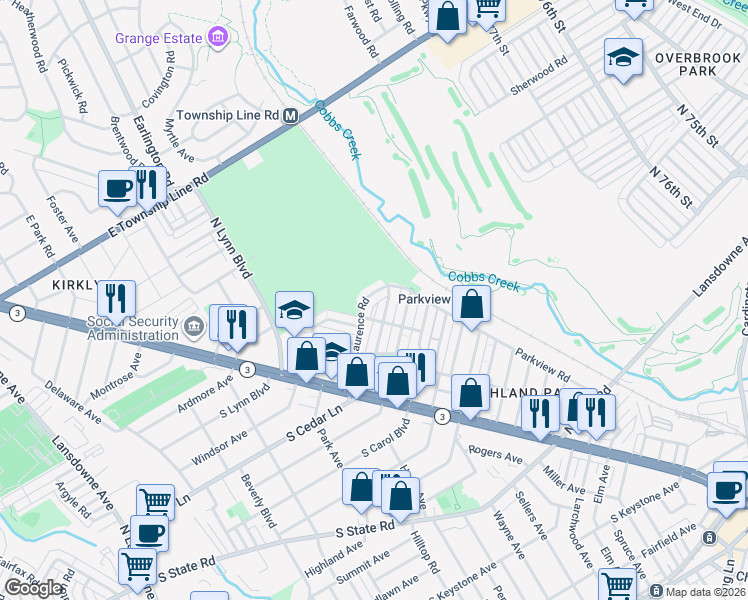 map of restaurants, bars, coffee shops, grocery stores, and more near 241 Saint Laurence Road in Delaware County