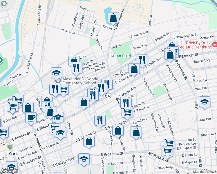 map of restaurants, bars, coffee shops, grocery stores, and more near 713-737 East Clarke Avenue in York