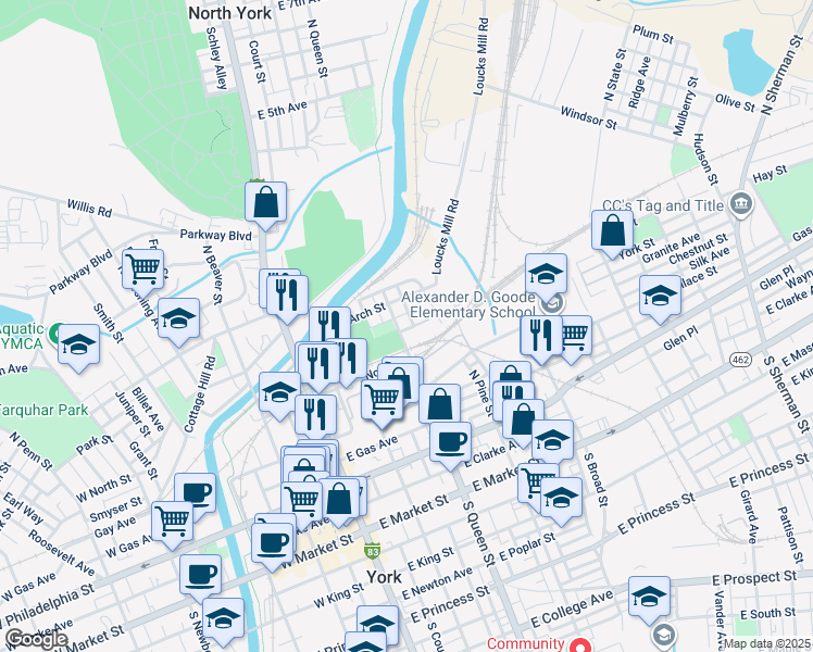 map of restaurants, bars, coffee shops, grocery stores, and more near 303 North Queen Street in York