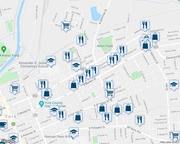 map of restaurants, bars, coffee shops, grocery stores, and more near 51 North Franklin Street in York