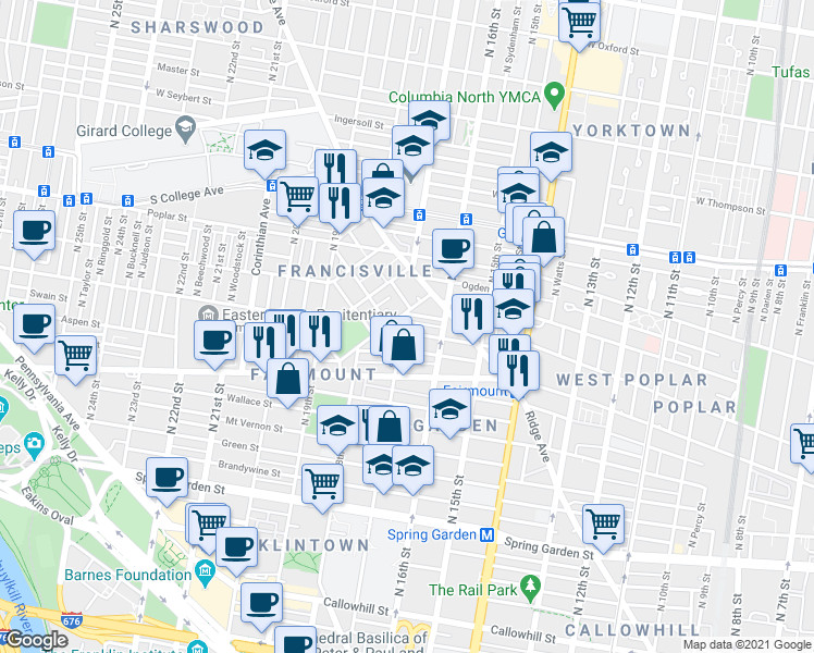 map of restaurants, bars, coffee shops, grocery stores, and more near 805 North 17th Street in Philadelphia