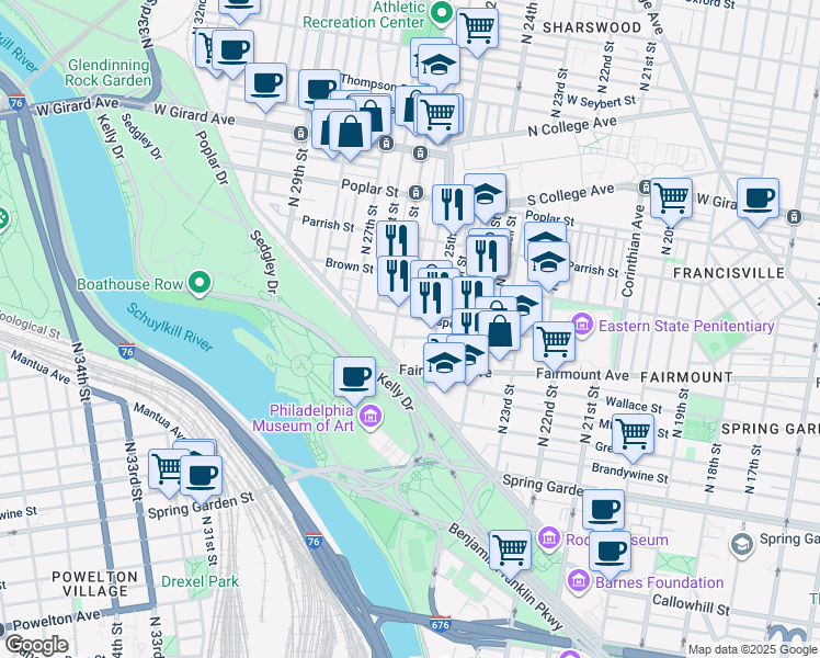 map of restaurants, bars, coffee shops, grocery stores, and more near 723 North 26th Street in Philadelphia
