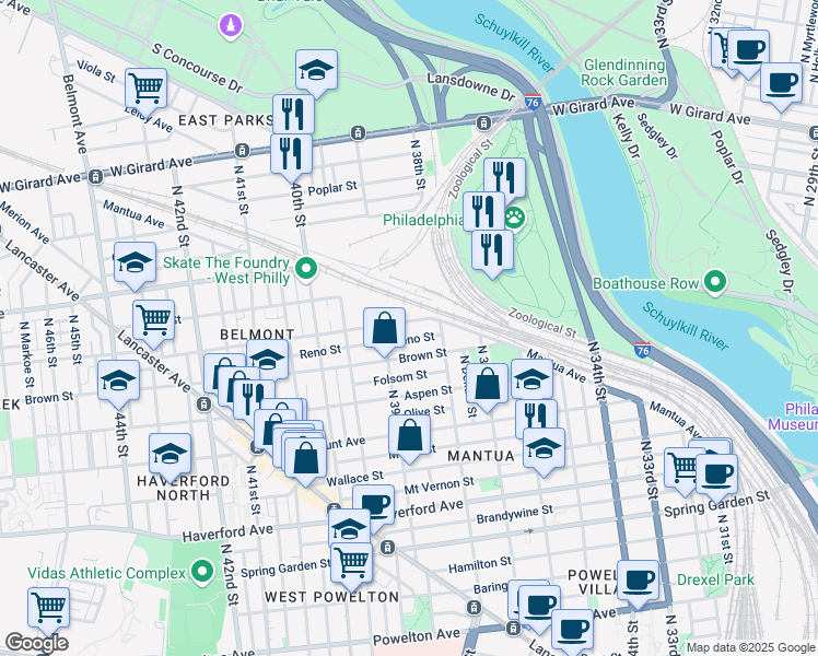 map of restaurants, bars, coffee shops, grocery stores, and more near 3826 Parrish Street in Philadelphia