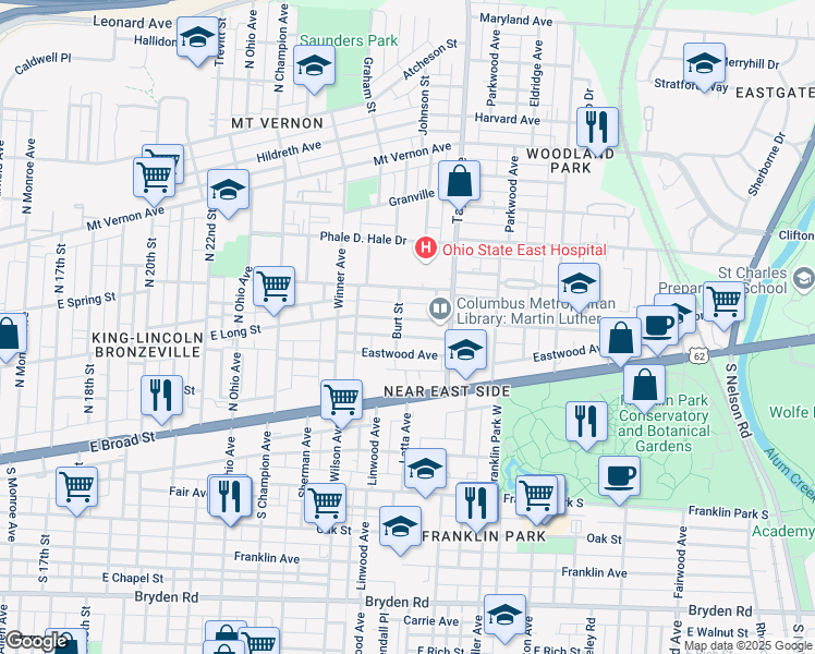 map of restaurants, bars, coffee shops, grocery stores, and more near 1415 East Long Street in Columbus