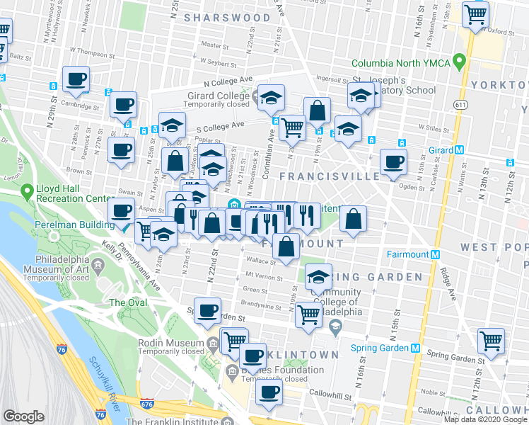 map of restaurants, bars, coffee shops, grocery stores, and more near 745 Corinthian Avenue in Philadelphia