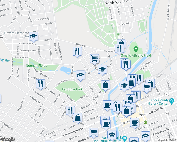 map of restaurants, bars, coffee shops, grocery stores, and more near 575 Smith Street in York