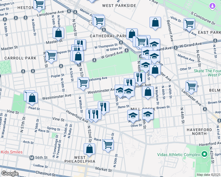 map of restaurants, bars, coffee shops, grocery stores, and more near 5025 Westminster Avenue in Philadelphia