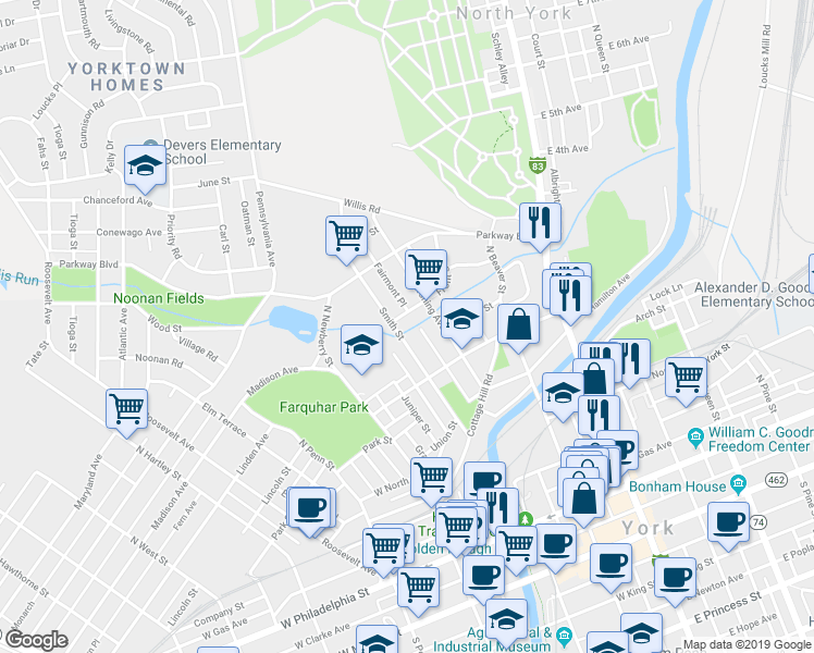 map of restaurants, bars, coffee shops, grocery stores, and more near 565 Smith Street in York