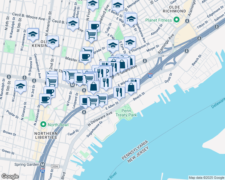 map of restaurants, bars, coffee shops, grocery stores, and more near 1026 Hyde Street in Philadelphia
