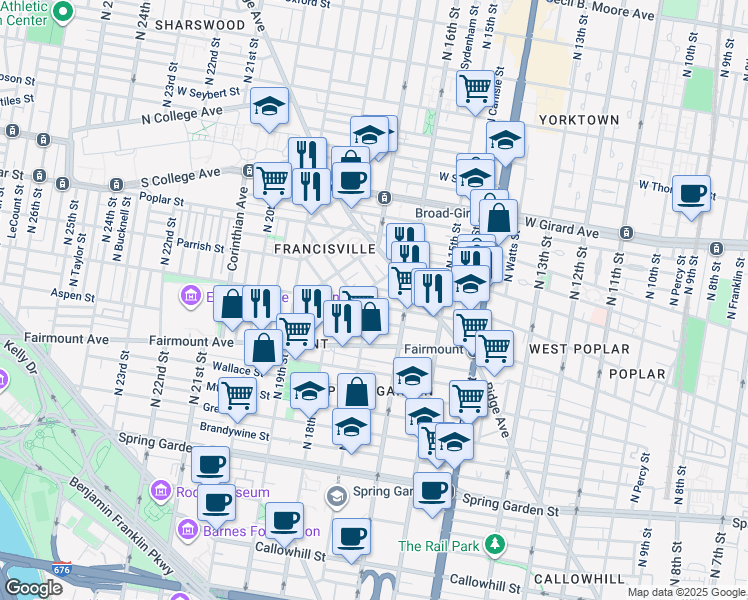 map of restaurants, bars, coffee shops, grocery stores, and more near 805 North 17th Street in Philadelphia