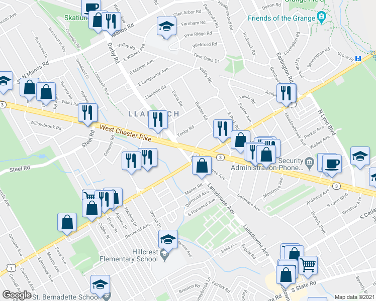 map of restaurants, bars, coffee shops, grocery stores, and more near 118 West Chester Pike in Ridley Park