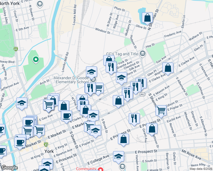 map of restaurants, bars, coffee shops, grocery stores, and more near 502 Wallace Street in York