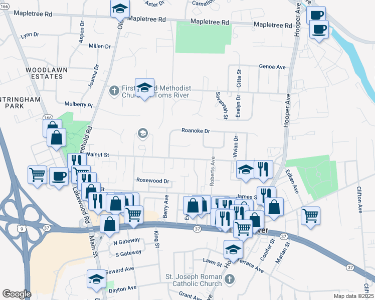 map of restaurants, bars, coffee shops, grocery stores, and more near 100 Eric Court in Toms River