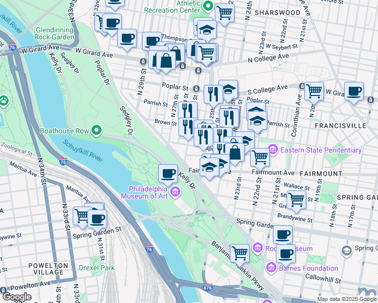 map of restaurants, bars, coffee shops, grocery stores, and more near 723 North 26th Street in Philadelphia