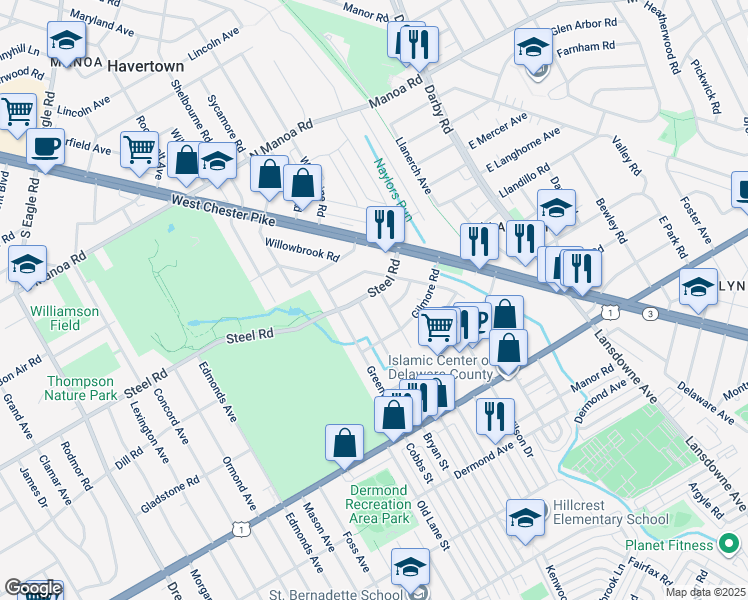 map of restaurants, bars, coffee shops, grocery stores, and more near 321 Steel Road in Havertown