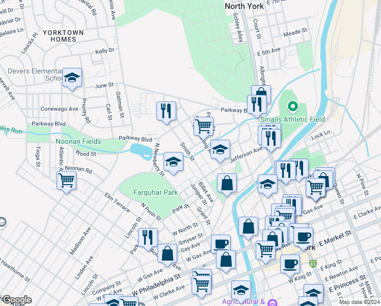 map of restaurants, bars, coffee shops, grocery stores, and more near 575 Smith Street in York