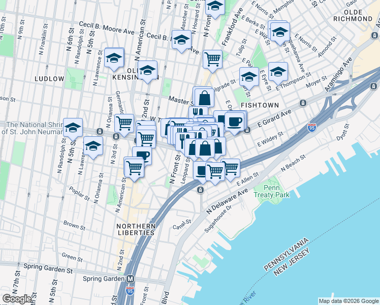 map of restaurants, bars, coffee shops, grocery stores, and more near West Girard Avenue & Leopard Street in Philadelphia