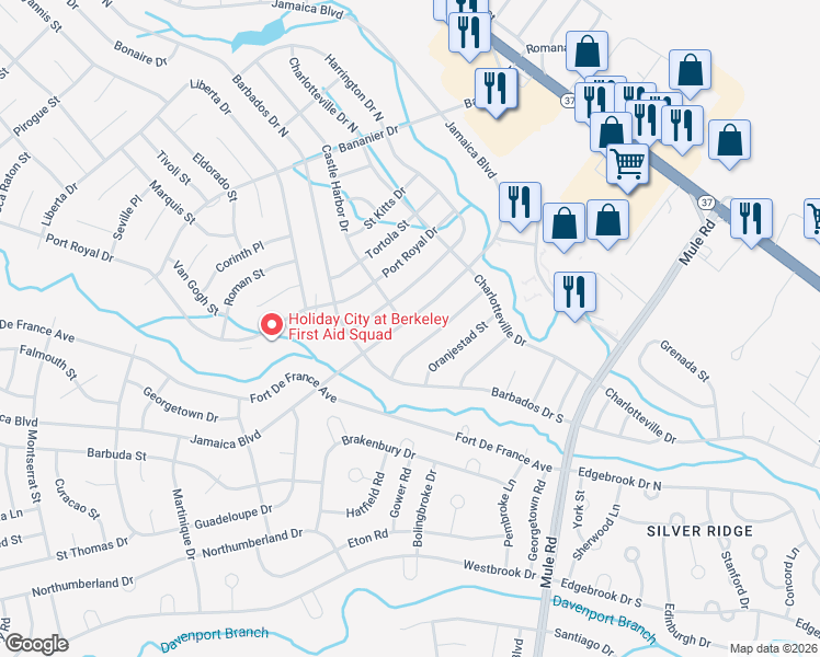 map of restaurants, bars, coffee shops, grocery stores, and more near 677 Jamaica Boulevard in Toms River