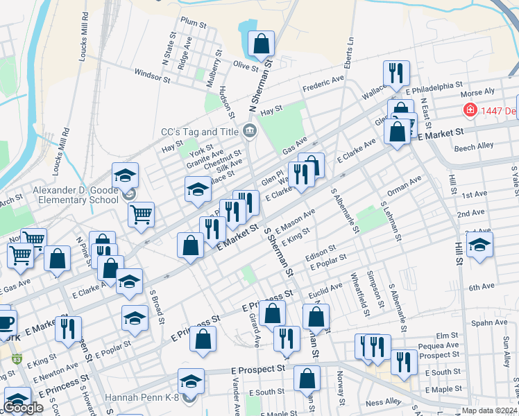 map of restaurants, bars, coffee shops, grocery stores, and more near 26 North Sherman Street in York