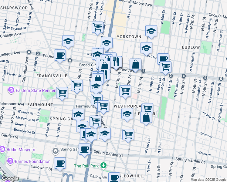 map of restaurants, bars, coffee shops, grocery stores, and more near 1303 Parrish Street in Philadelphia