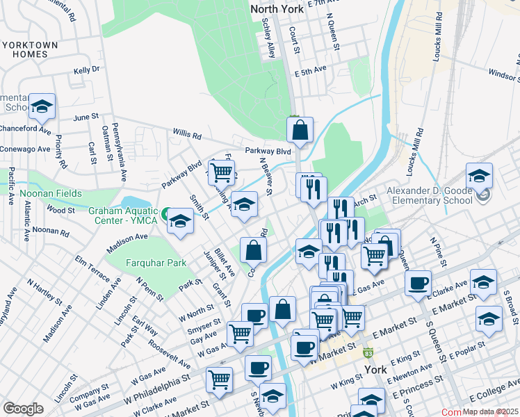 map of restaurants, bars, coffee shops, grocery stores, and more near 517 Thomas Street in York