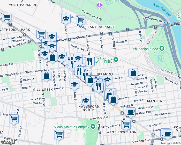 map of restaurants, bars, coffee shops, grocery stores, and more near 864 North 42nd Street in Philadelphia