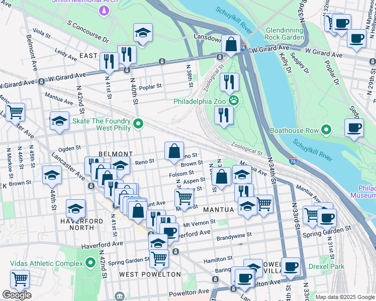 map of restaurants, bars, coffee shops, grocery stores, and more near 3826 Parrish Street in Philadelphia