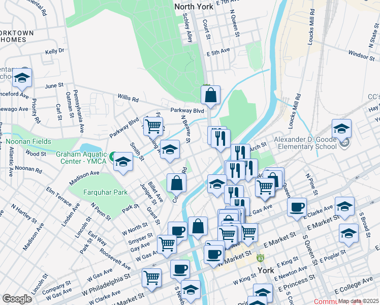 map of restaurants, bars, coffee shops, grocery stores, and more near 506 North Beaver Street in York