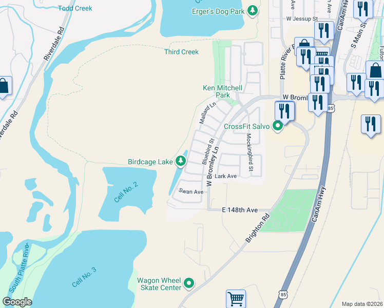 map of restaurants, bars, coffee shops, grocery stores, and more near 1454 Goldeneye Lane in Brighton