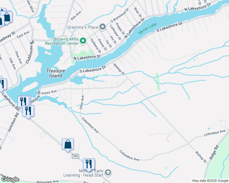 map of restaurants, bars, coffee shops, grocery stores, and more near 132 Press Avenue in Pemberton Township