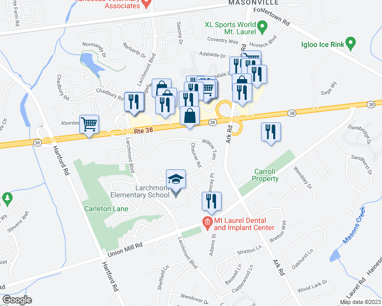 map of restaurants, bars, coffee shops, grocery stores, and more near 229B Willow Turn in Mount Laurel Township