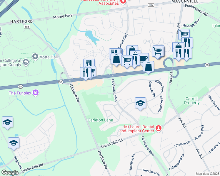 map of restaurants, bars, coffee shops, grocery stores, and more near 113A Hastings Way in Mount Laurel Township