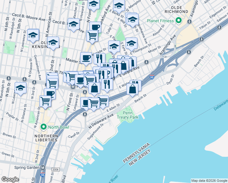 map of restaurants, bars, coffee shops, grocery stores, and more near 1107 East Oxford Street in Philadelphia