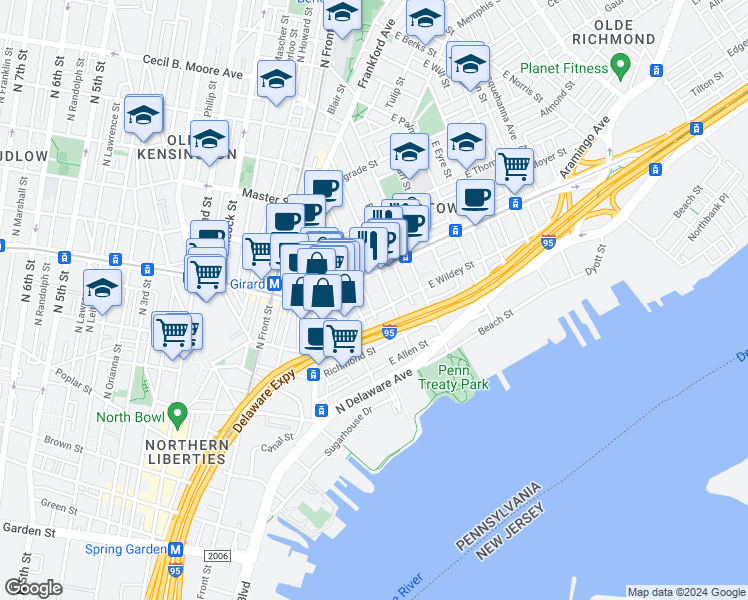 map of restaurants, bars, coffee shops, grocery stores, and more near 1129 Crease Street in Philadelphia