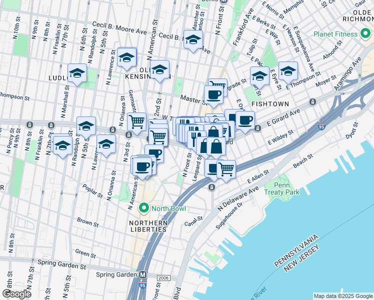 map of restaurants, bars, coffee shops, grocery stores, and more near in Philadelphia