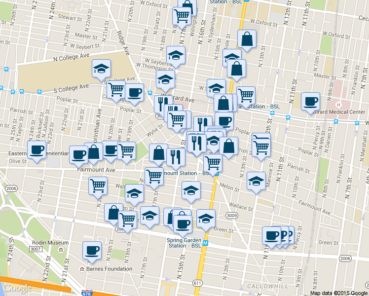 map of restaurants, bars, coffee shops, grocery stores, and more near 1530-32 Parrish Street in Philadelphia