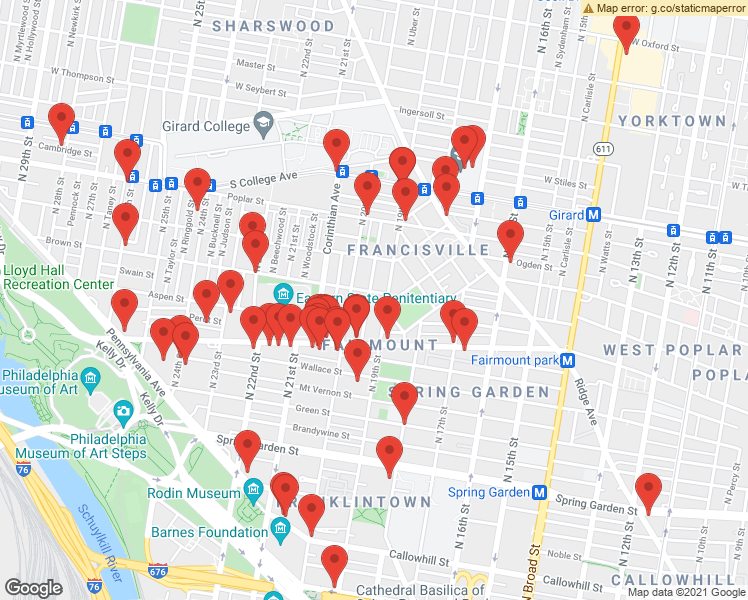 map of restaurants, bars, coffee shops, grocery stores, and more near 1932 Brown Street in Philadelphia